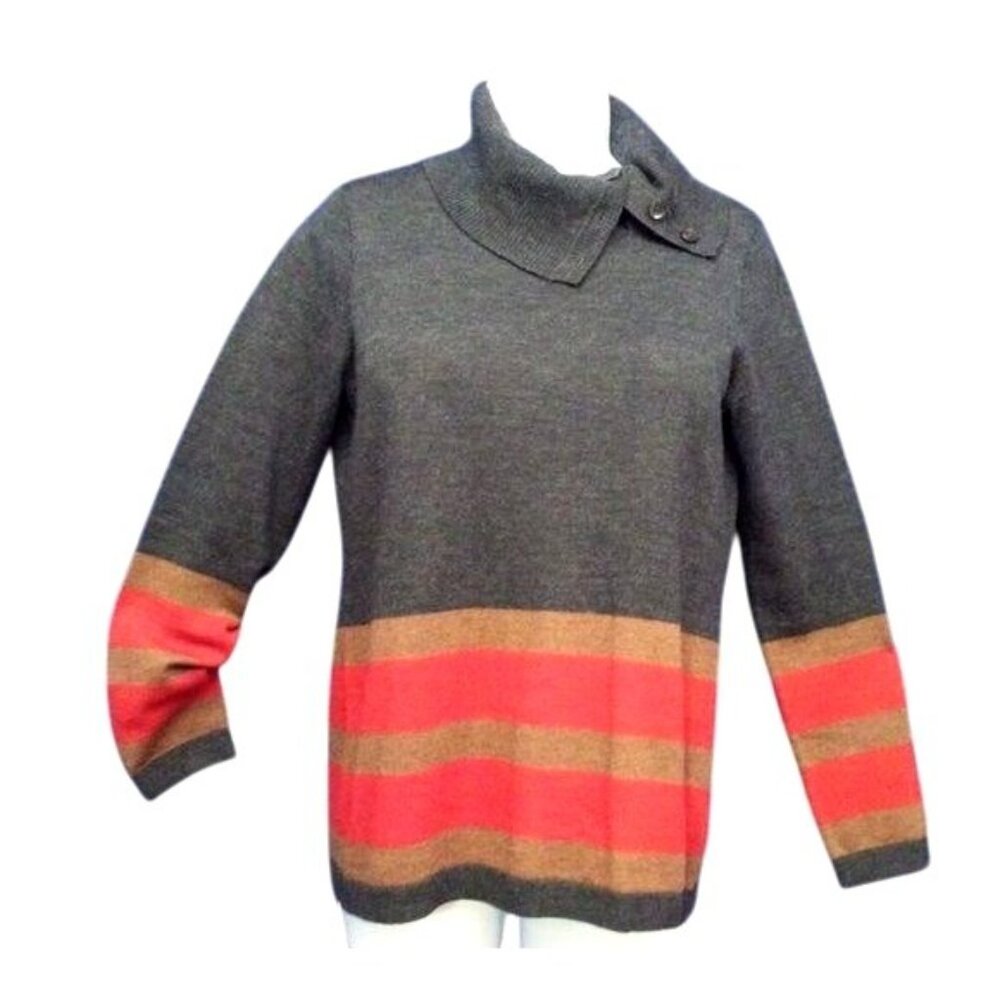 Pendleton Women's Merino Wool Gray Red Brown Striped Button Cowl Neck Sweater S